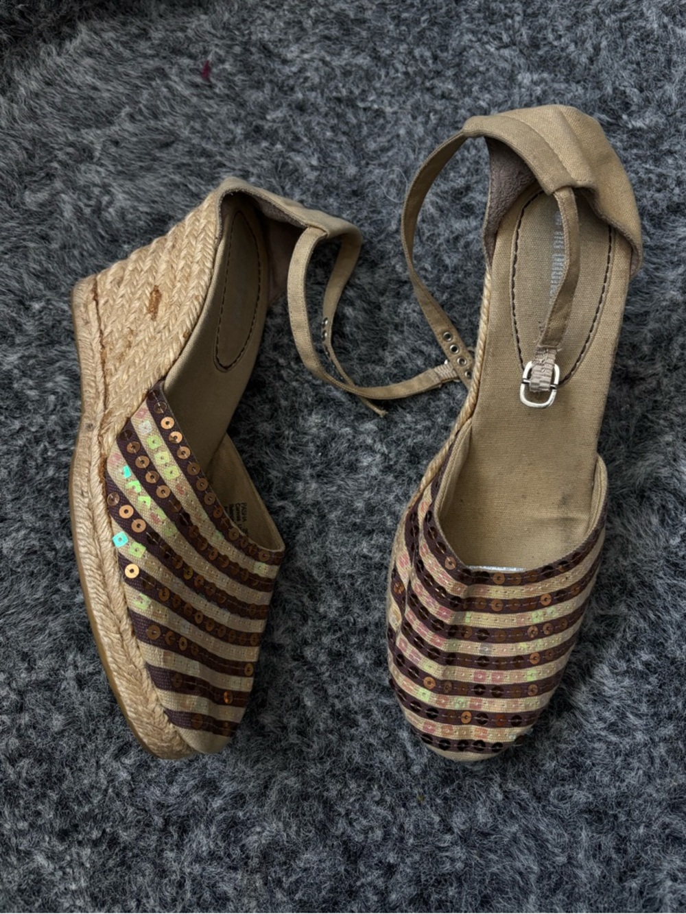 Espadrille Wedge Sandals in Beige with Sequin Stripes